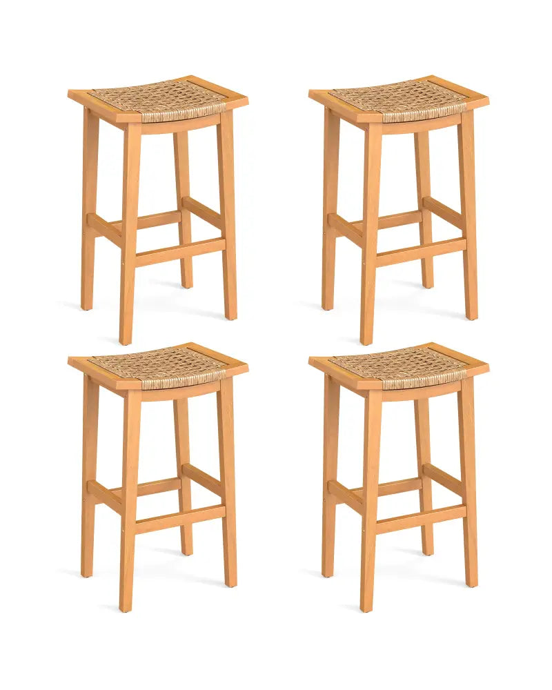 Outdoor Acacia Wood Bar Stools Set of 2 with PE Rattan Seats and Backrests - Patio Bar Furniture