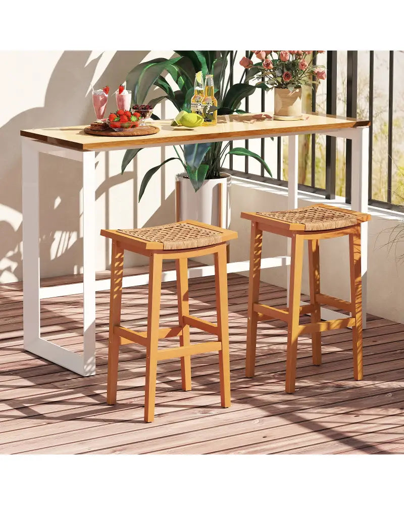 Outdoor Acacia Wood Bar Stools Set of 2 with PE Rattan Seats and Backrests - Patio Bar Furniture