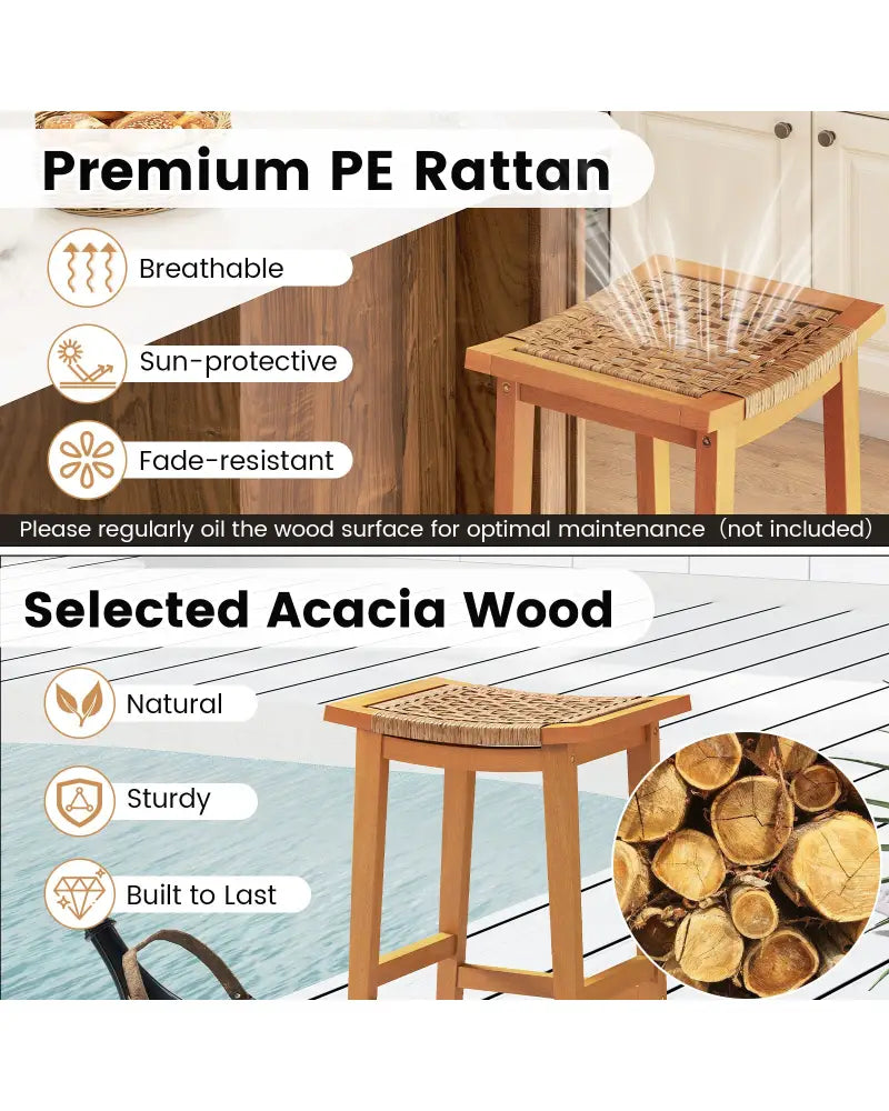Outdoor Acacia Wood Bar Stools Set of 2 with PE Rattan Seats and Backrests - Patio Bar Furniture
