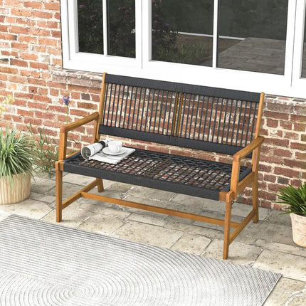 Outdoor Acacia Wood Bench with Rope Woven Backrest and Armrests for 2-Person - Black - Outdoor Benches