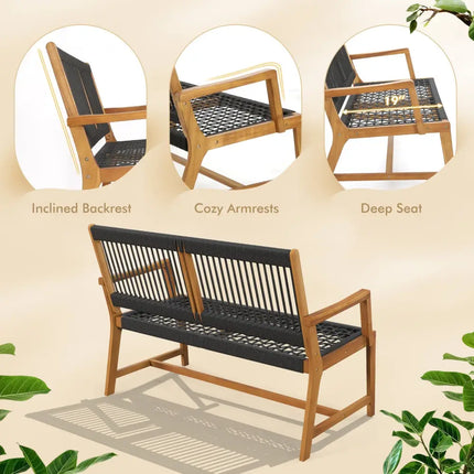 Outdoor Acacia Wood Bench with Rope Woven Backrest and Armrests for 2-Person - Black - Outdoor Benches