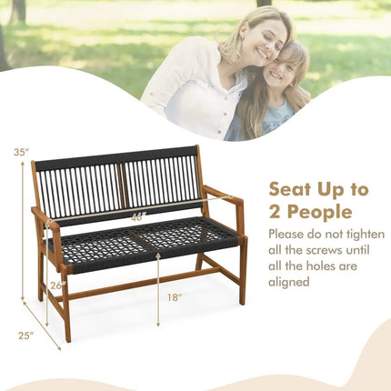 Outdoor Acacia Wood Bench with Rope Woven Backrest and Armrests for 2-Person - Black - Outdoor Benches