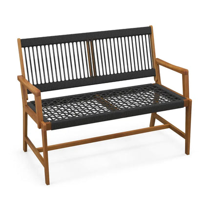 Outdoor Acacia Wood Bench with Rope Woven Backrest and Armrests for 2-Person - Black - Outdoor Benches