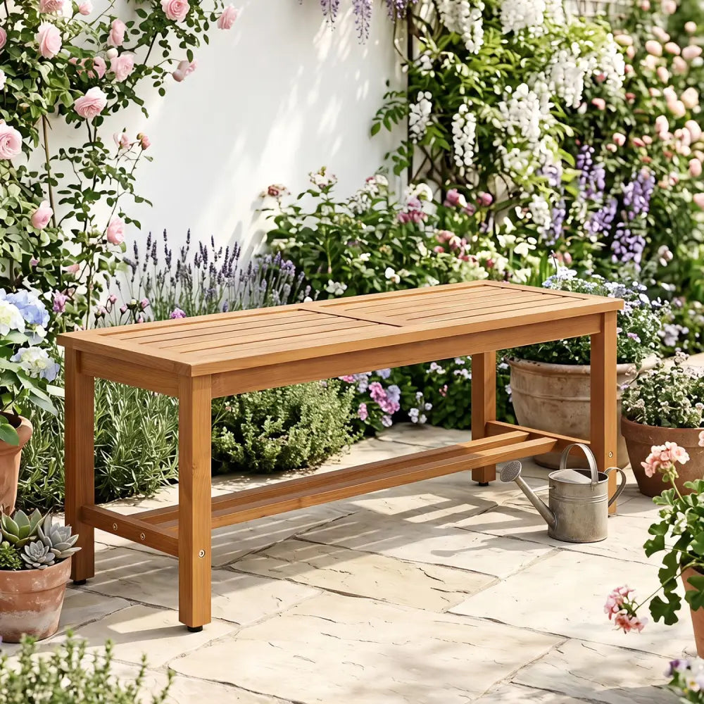Outdoor Acacia Wood Patio Bench for 2 with Slatted Seat-1 Piece - Outdoor Benches
