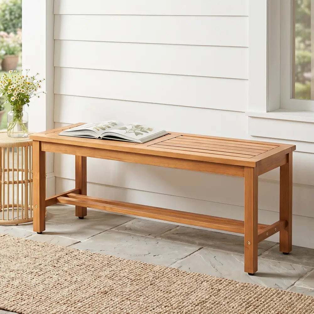 Outdoor Acacia Wood Patio Bench for 2 with Slatted Seat-1 Piece - Outdoor Benches