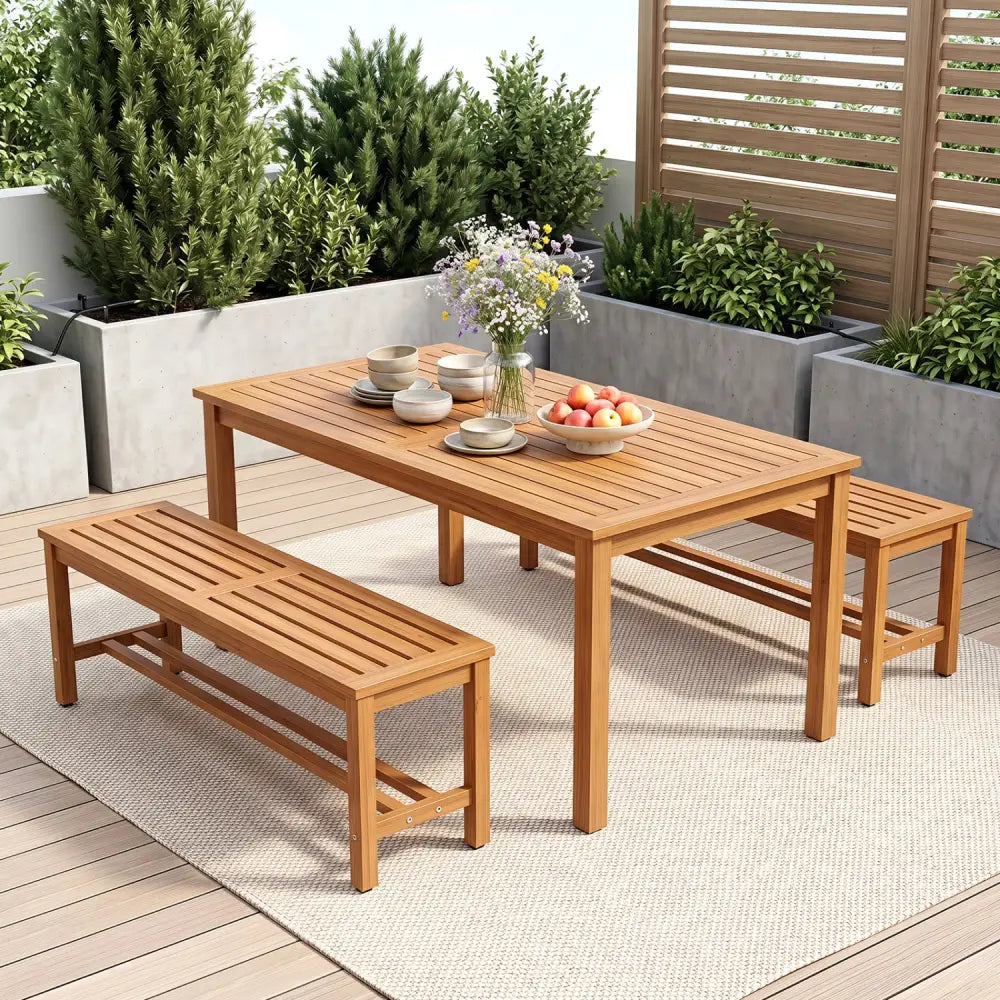 Outdoor Acacia Wood Patio Bench for 2 with Slatted Seat-2 Pieces - Outdoor Benches