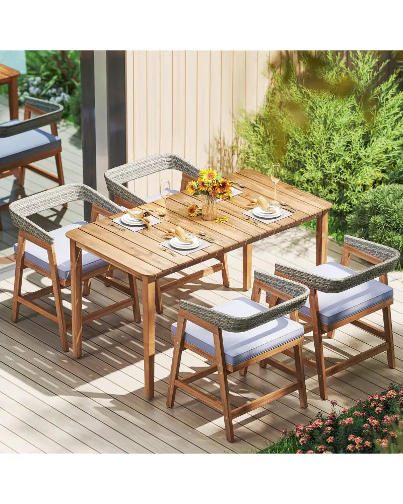 Outdoor Acacia Wood Patio Wicker Dining Chairs Set of 4 with Seat Cushion-Gray - Gray - Patio Dining Chairs