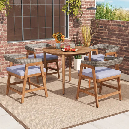 Outdoor Acacia Wood Patio Wicker Dining Chairs Set of 4 with Seat Cushion-Gray - Gray - Patio Dining Chairs