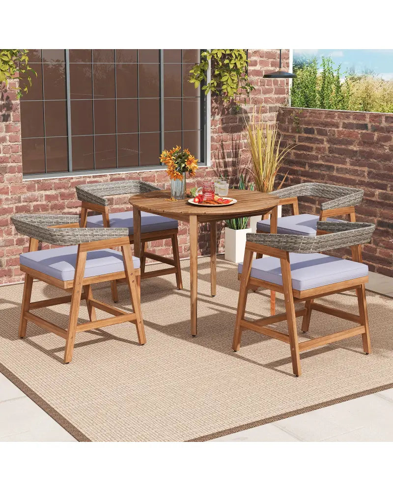 Outdoor Acacia Wood Patio Wicker Dining Chairs Set of 4 with Seat Cushion-Gray - Gray - Patio Dining Chairs