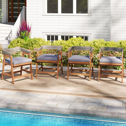 Outdoor Acacia Wood Patio Wicker Dining Chairs Set of 4 with Seat Cushion-Gray - Gray - Patio Dining Chairs