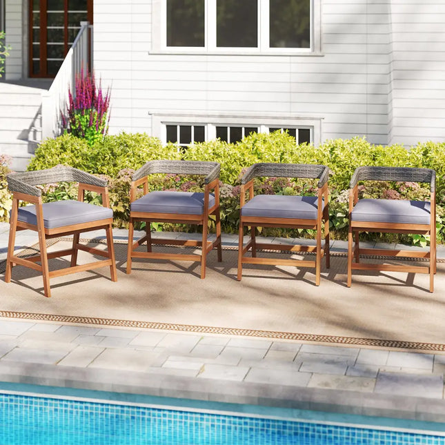 Outdoor Acacia Wood Patio Wicker Dining Chairs Set of 4 with Seat Cushion-Gray - Gray - Patio Dining Chairs