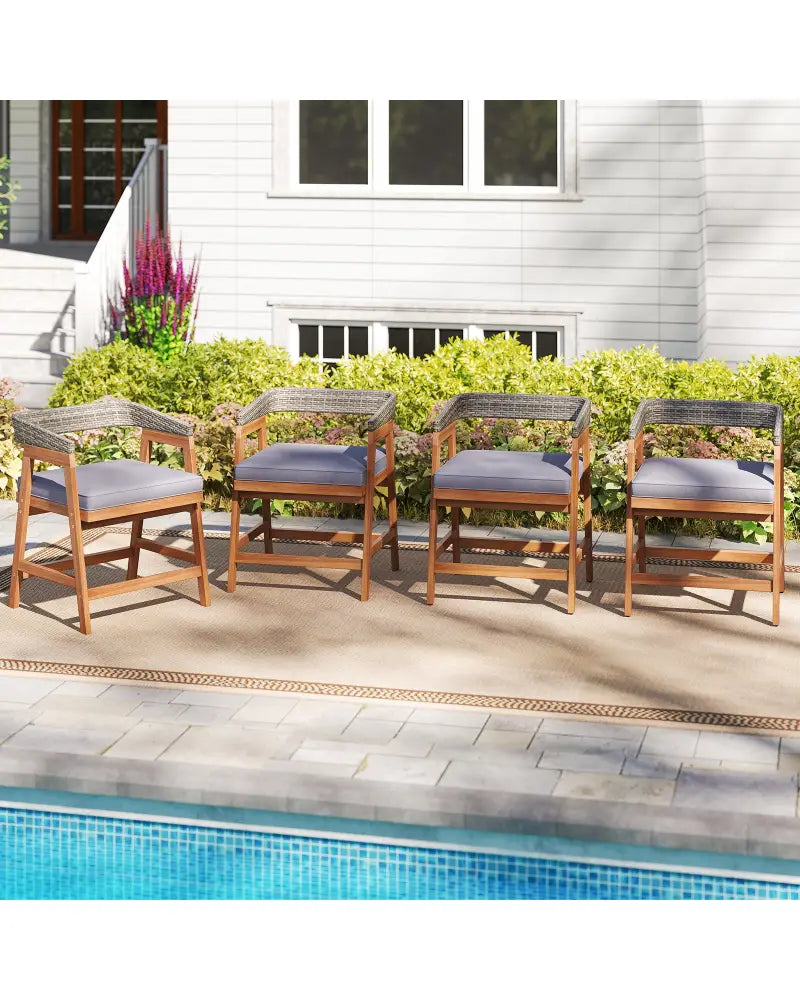 Outdoor Acacia Wood Patio Wicker Dining Chairs Set of 4 with Seat Cushion-Gray - Gray - Patio Dining Chairs