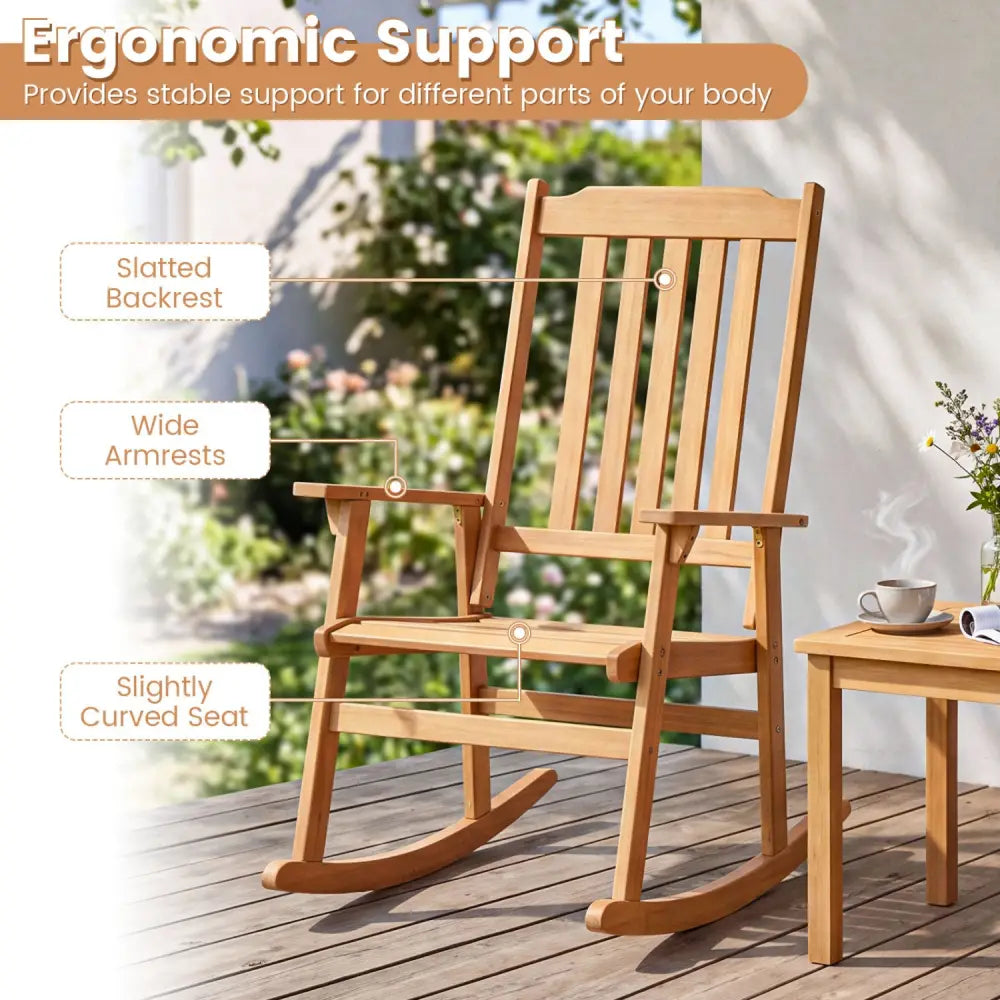 Outdoor Acacia Wood Rocking Chair with High Back and Armrests for Patio-Natural - Natural - Patio Rocking Chairs &