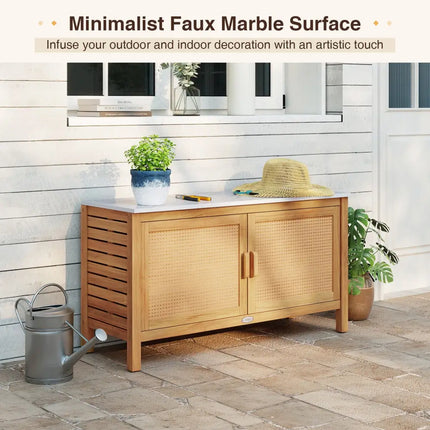 Outdoor Acacia Wood Storage Cabinet Outside Tool Cabinet with Fax Marble Top - Sheds & Outdoor Storage