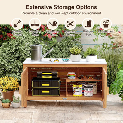 Outdoor Acacia Wood Storage Cabinet Outside Tool Cabinet with Fax Marble Top - Sheds & Outdoor Storage