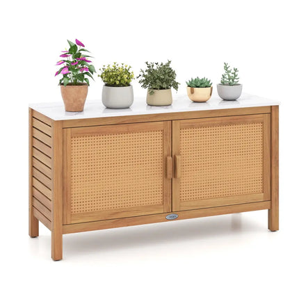 Outdoor Acacia Wood Storage Cabinet Outside Tool Cabinet with Fax Marble Top - Sheds & Outdoor Storage
