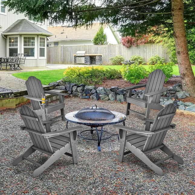 Outdoor Adirondack Chair with Built-in Cup Holder for Backyard Porch-Gray - Gray - Adirondack Chairs