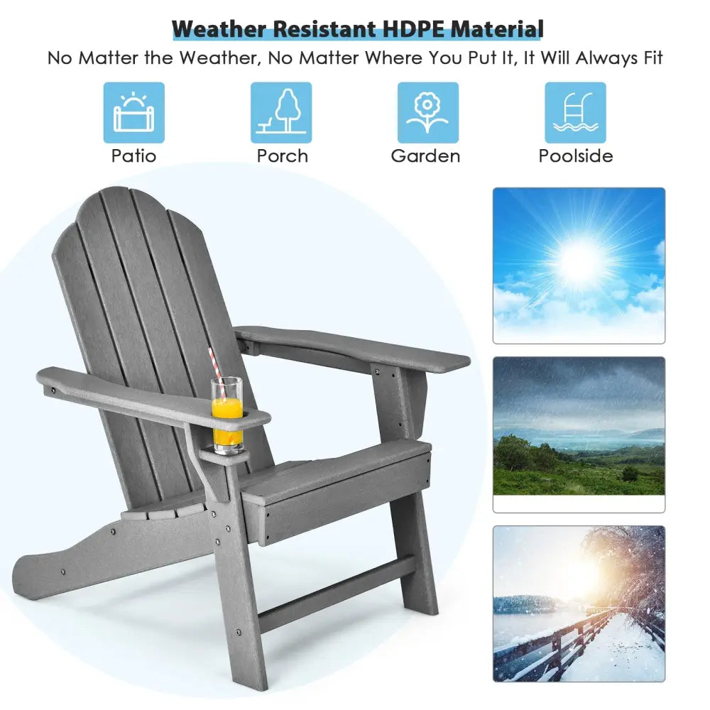 Outdoor Adirondack Chair with Built-in Cup Holder for Backyard Porch-Gray - Gray - Adirondack Chairs