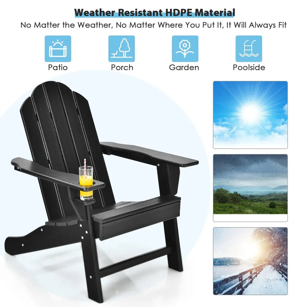 Outdoor Adirondack Chair with Built-in Cup Holder for Backyard Porch-Black - Black - Adirondack Chairs