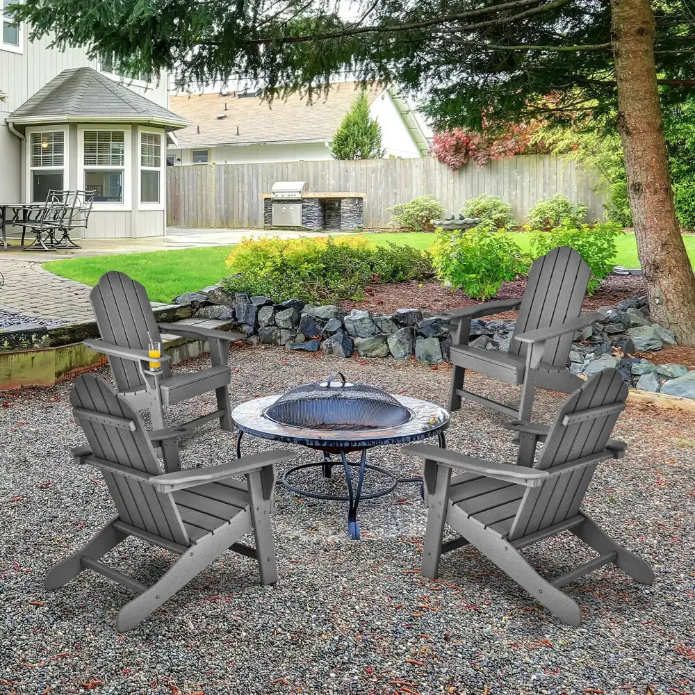 Outdoor Adirondack Chair with Built-in Cup Holder for Backyard Porch-Gray - Gray - Adirondack Chairs