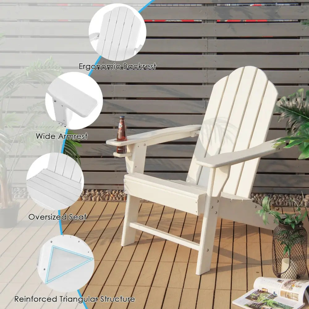 Outdoor Adirondack Chair with Built-in Cup Holder for Backyard Porch-White - White - Adirondack Chairs