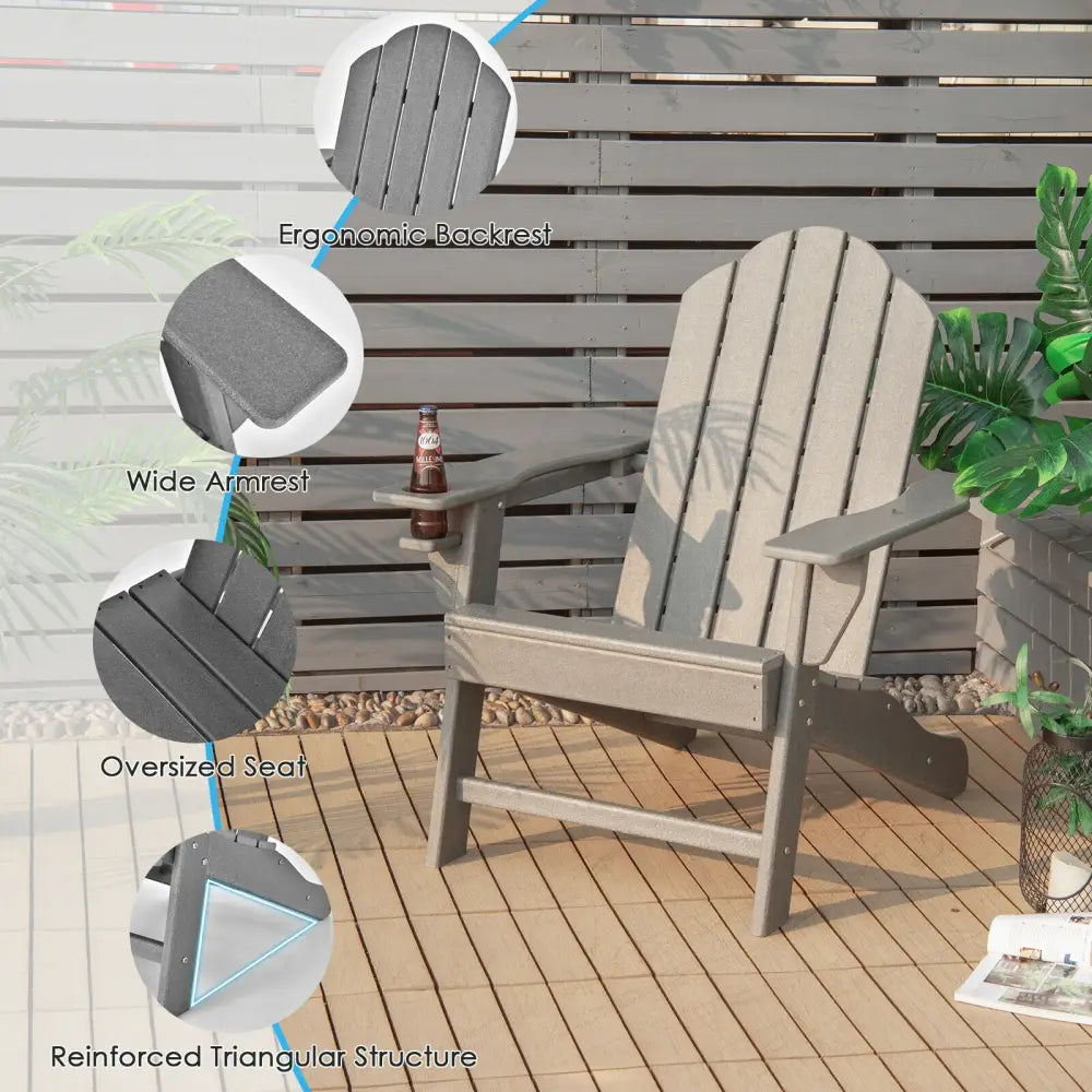 Outdoor Adirondack Chair with Built-in Cup Holder for Backyard Porch-Gray - Gray - Adirondack Chairs
