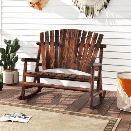 Outdoor Adirondack Rocking Chair for Adults with High Back and Slatted Seat-Brown - Brown - Adirondack Chairs