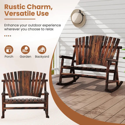 Outdoor Adirondack Rocking Chair for Adults with High Back and Slatted Seat-Brown - Brown - Adirondack Chairs