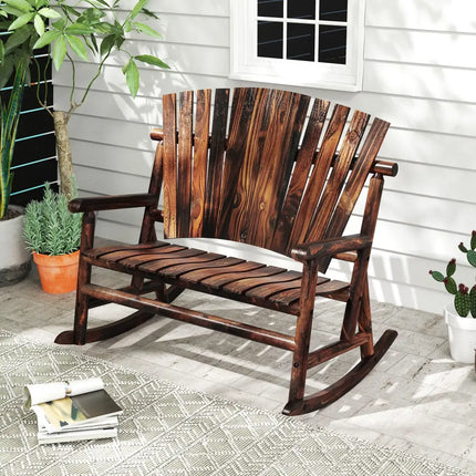 Outdoor Adirondack Rocking Chair for Adults with High Back and Slatted Seat-Brown - Brown - Adirondack Chairs