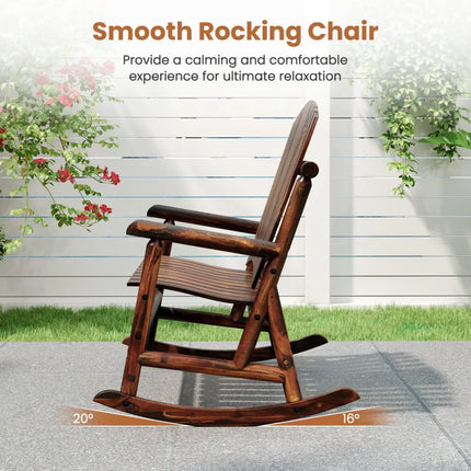 Outdoor Adirondack Rocking Chair for Adults with High Back and Slatted Seat-Brown - Brown - Adirondack Chairs