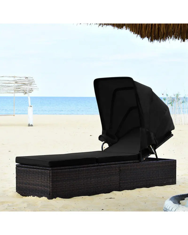 Outdoor Adjustable Cushioned Chaise Lounge Chair with Folding Canopy-Black - Black - Outdoor Chaise Lounges