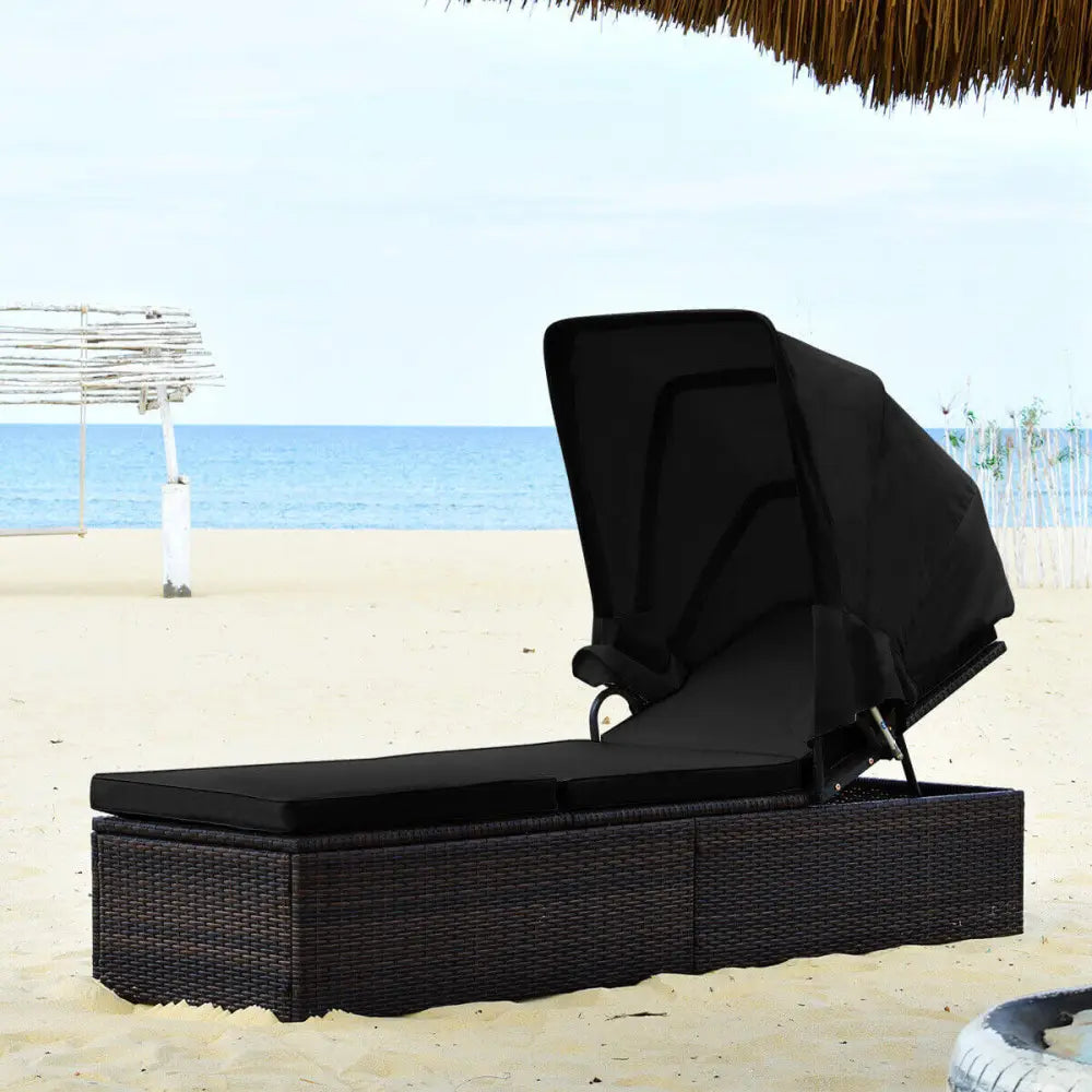 Outdoor Adjustable Cushioned Chaise Lounge Chair with Folding Canopy-Black - Black - Outdoor Chaise Lounges