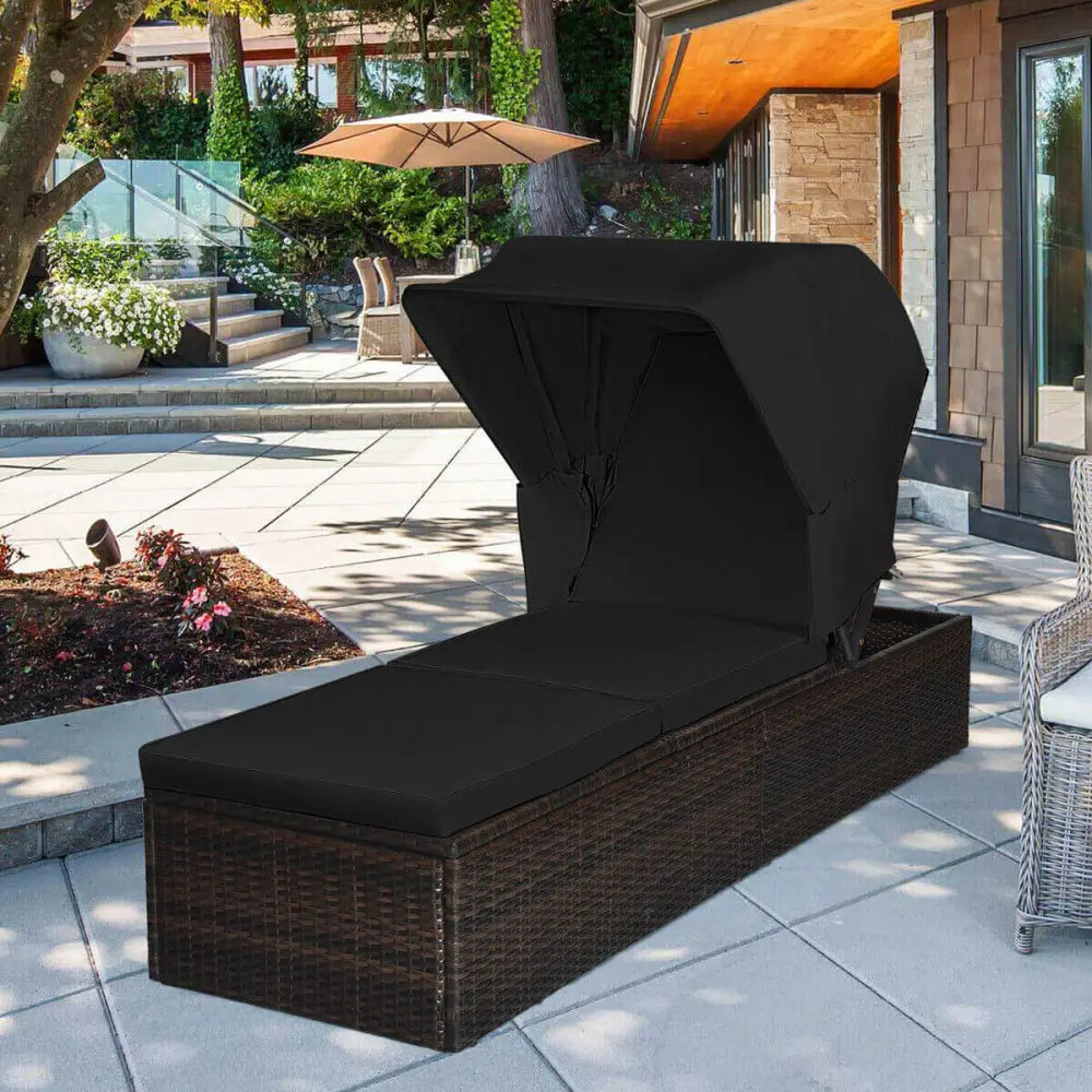 Outdoor Adjustable Cushioned Chaise Lounge Chair with Folding Canopy-Black - Black - Outdoor Chaise Lounges