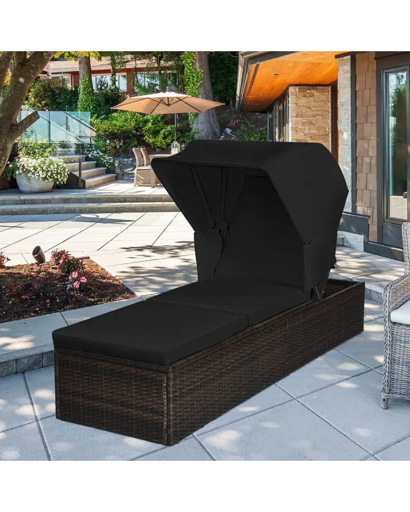 Outdoor Adjustable Cushioned Chaise Lounge Chair with Folding Canopy-Black - Black - Outdoor Chaise Lounges