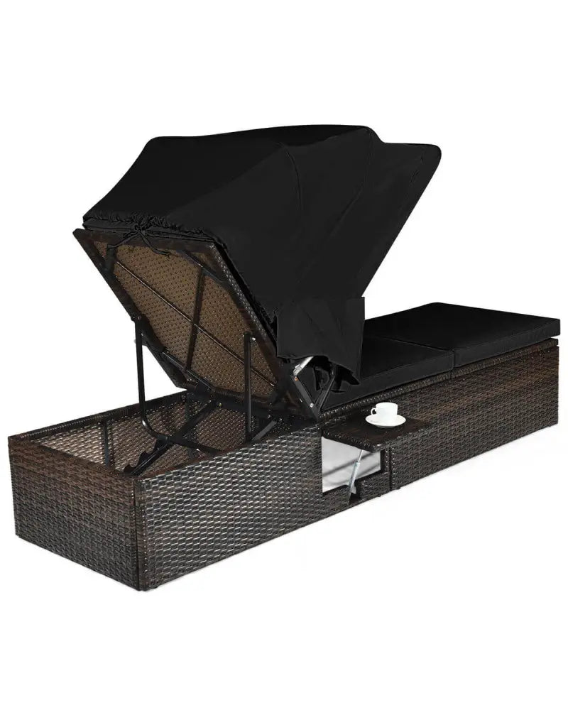 Outdoor Adjustable Cushioned Chaise Lounge Chair with Folding Canopy-Black - Black - Outdoor Chaise Lounges