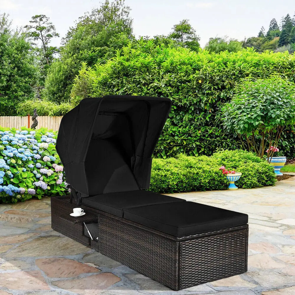 Outdoor Adjustable Cushioned Chaise Lounge Chair with Folding Canopy-Black - Black - Outdoor Chaise Lounges