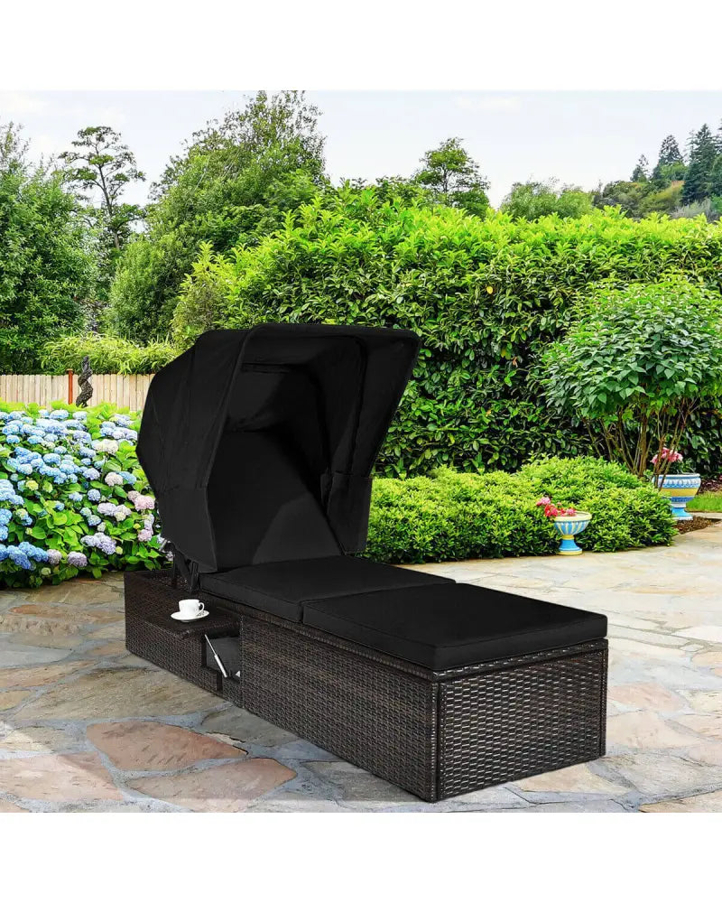 Outdoor Adjustable Cushioned Chaise Lounge Chair with Folding Canopy-Black - Black - Outdoor Chaise Lounges