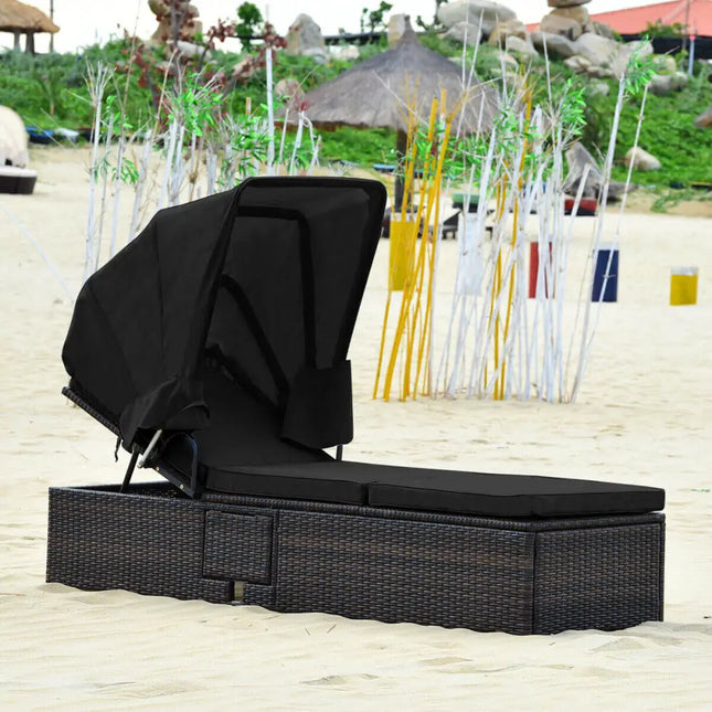 Outdoor Adjustable Cushioned Chaise Lounge Chair with Folding Canopy-Black - Black - Outdoor Chaise Lounges