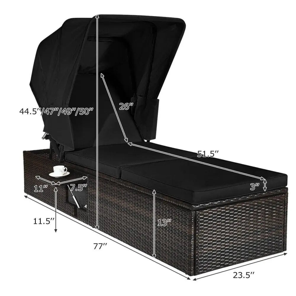 Outdoor Adjustable Cushioned Chaise Lounge Chair with Folding Canopy-Black - Black - Outdoor Chaise Lounges
