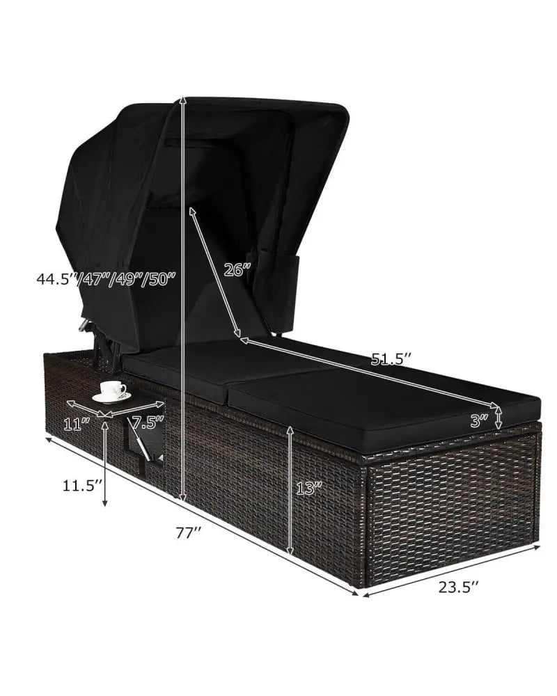 Outdoor Adjustable Cushioned Chaise Lounge Chair with Folding Canopy-Black - Black - Outdoor Chaise Lounges