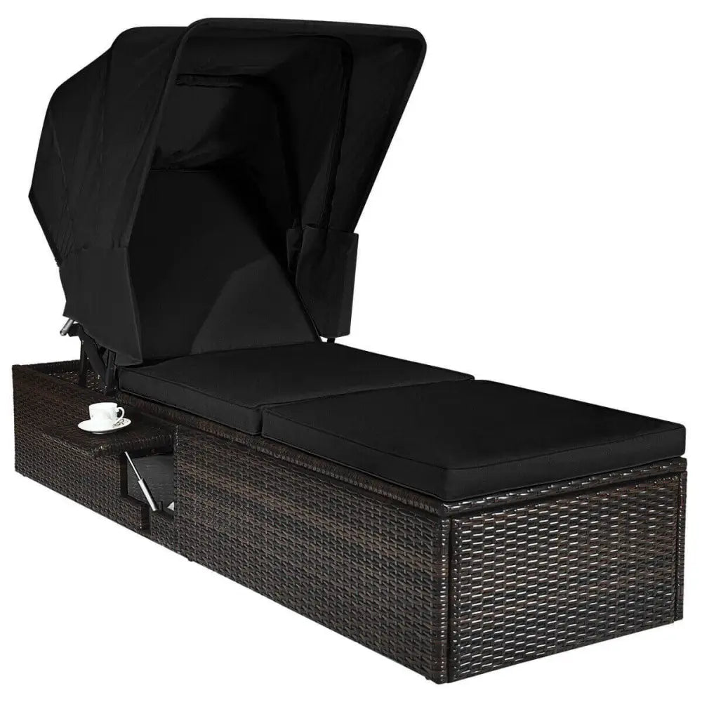 Outdoor Adjustable Cushioned Chaise Lounge Chair with Folding Canopy-Black - Black - Outdoor Chaise Lounges