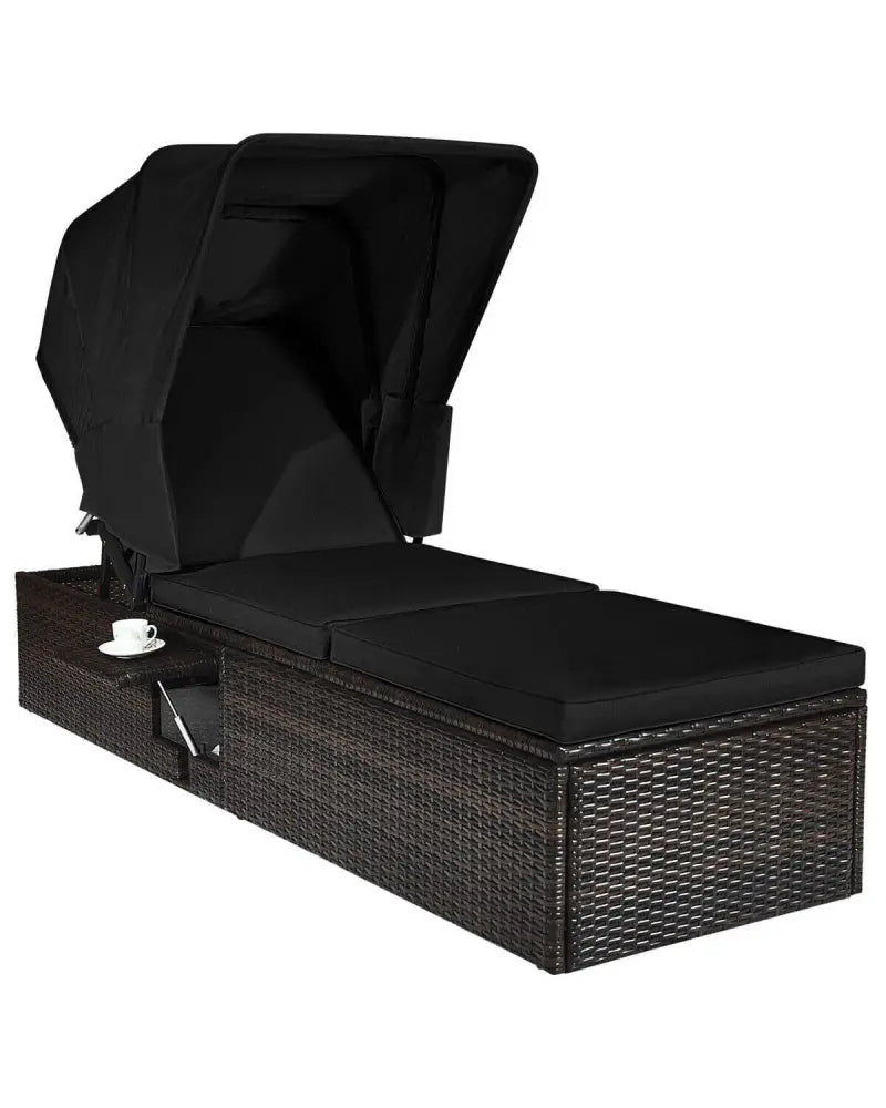 Outdoor Adjustable Cushioned Chaise Lounge Chair with Folding Canopy-Black - Black - Outdoor Chaise Lounges
