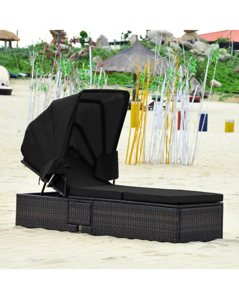 Outdoor Adjustable Cushioned Chaise Lounge Chair with Folding Canopy-Black - Black - Outdoor Chaise Lounges