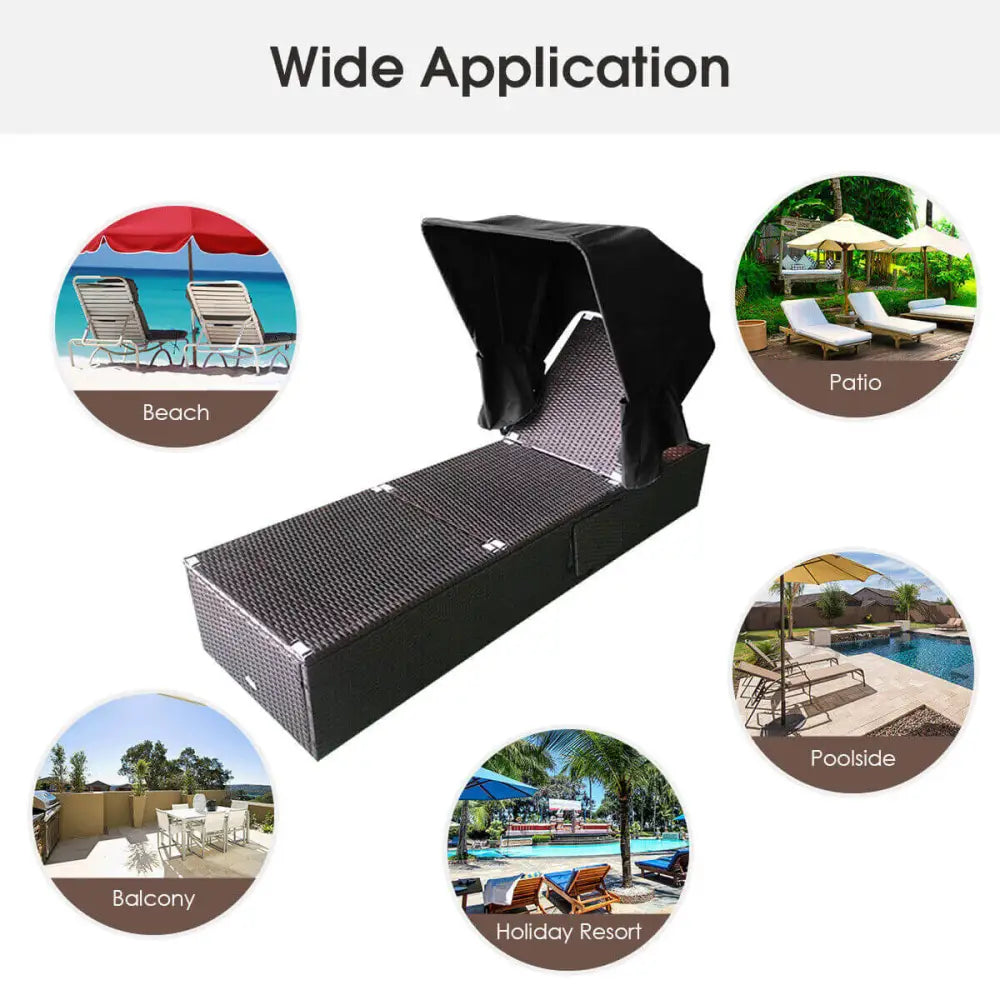 Outdoor Adjustable Cushioned Chaise Lounge Chair with Folding Canopy-Black - Black - Outdoor Chaise Lounges
