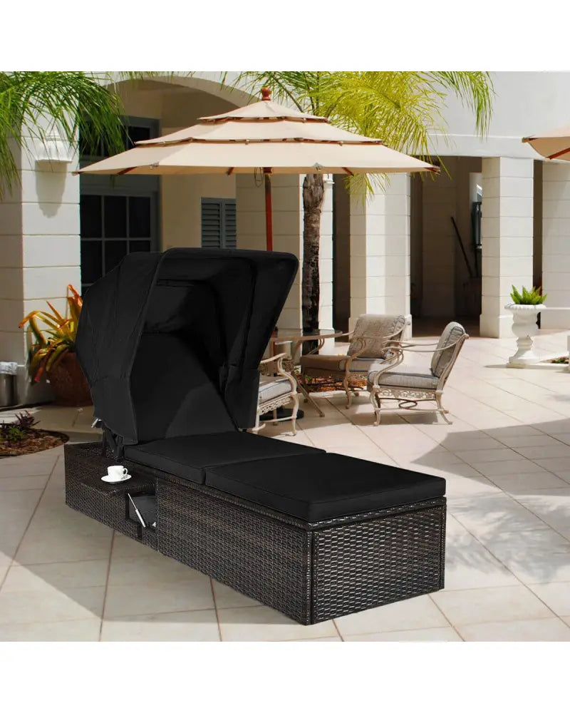 Outdoor Adjustable Cushioned Chaise Lounge Chair with Folding Canopy-Black - Black - Outdoor Chaise Lounges