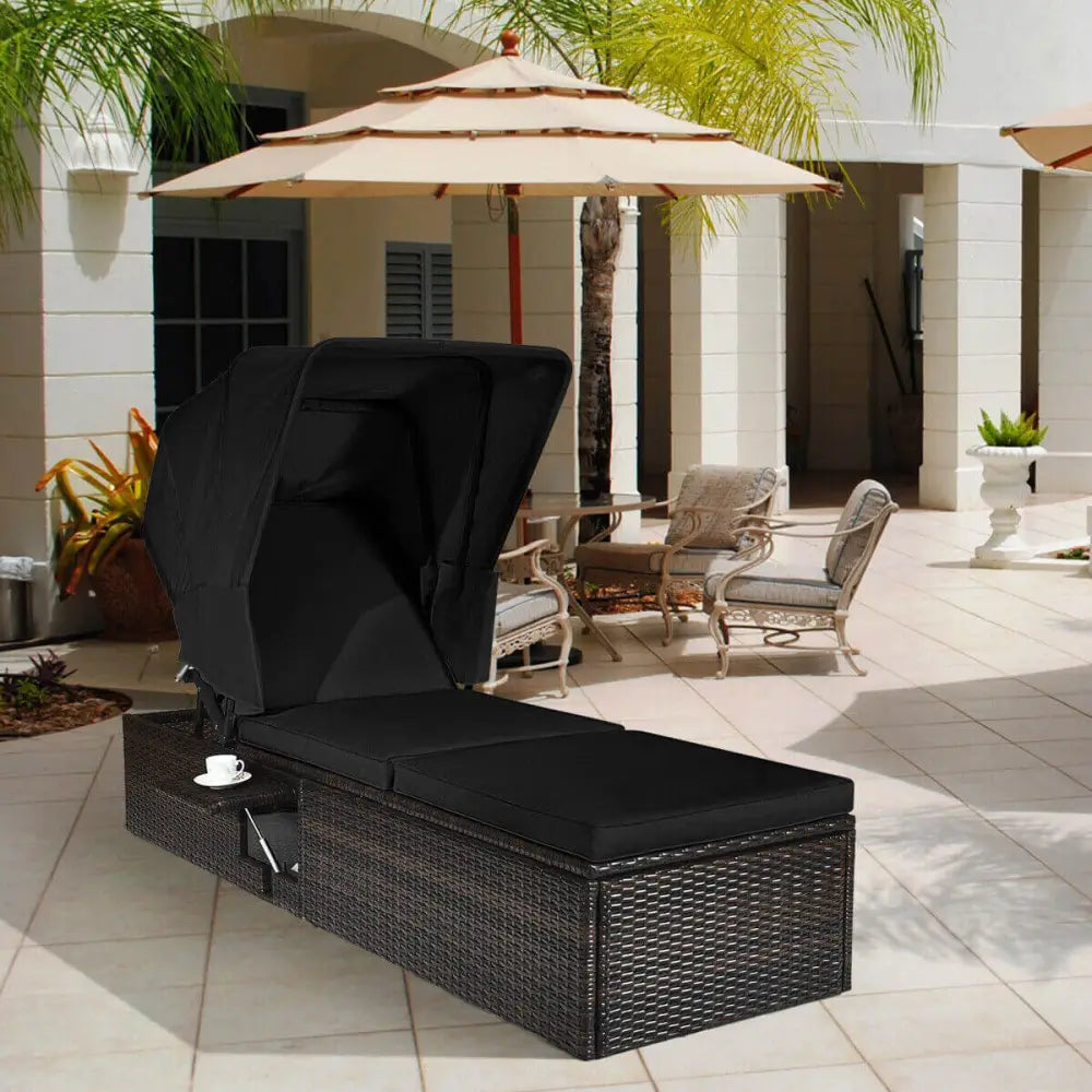 Outdoor Adjustable Cushioned Chaise Lounge Chair with Folding Canopy-Black - Black - Outdoor Chaise Lounges