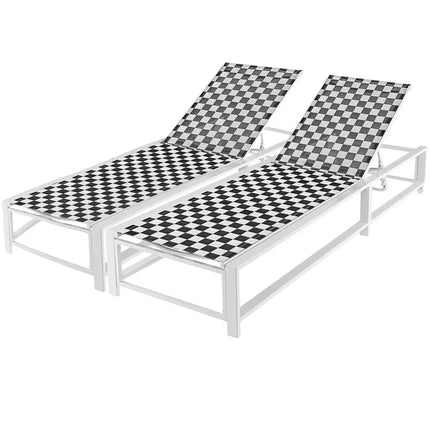 Outdoor Adjustable Patio Chaise Lounge Chair with Wheels and Sturdy Metal Frame - Black & White - Outdoor Chaise Lounges