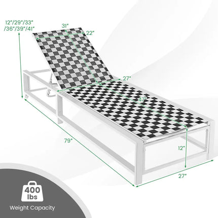 Outdoor Adjustable Patio Chaise Lounge Chair with Wheels and Sturdy Metal Frame - Black & White - Outdoor Chaise Lounges