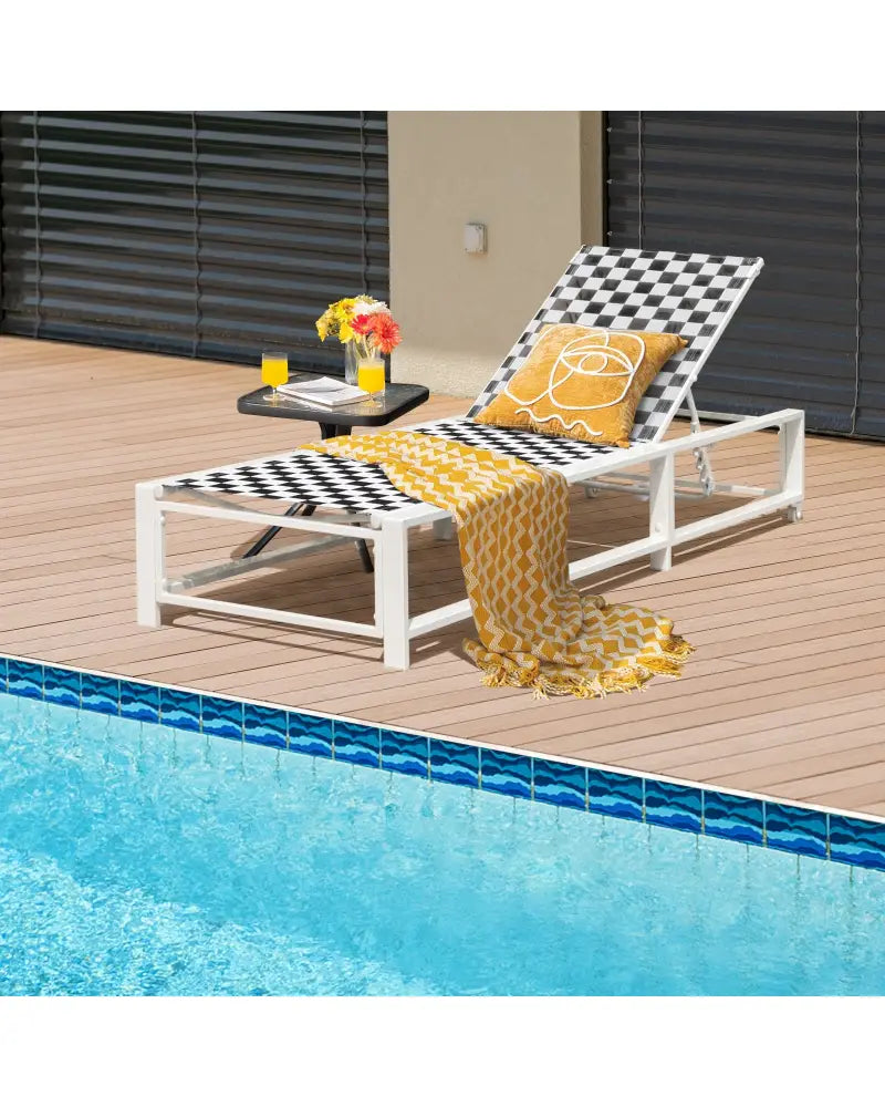 Outdoor Adjustable Patio Chaise Lounge Chair with Wheels and Sturdy Metal Frame - Black & White - Outdoor Chaise Lounges