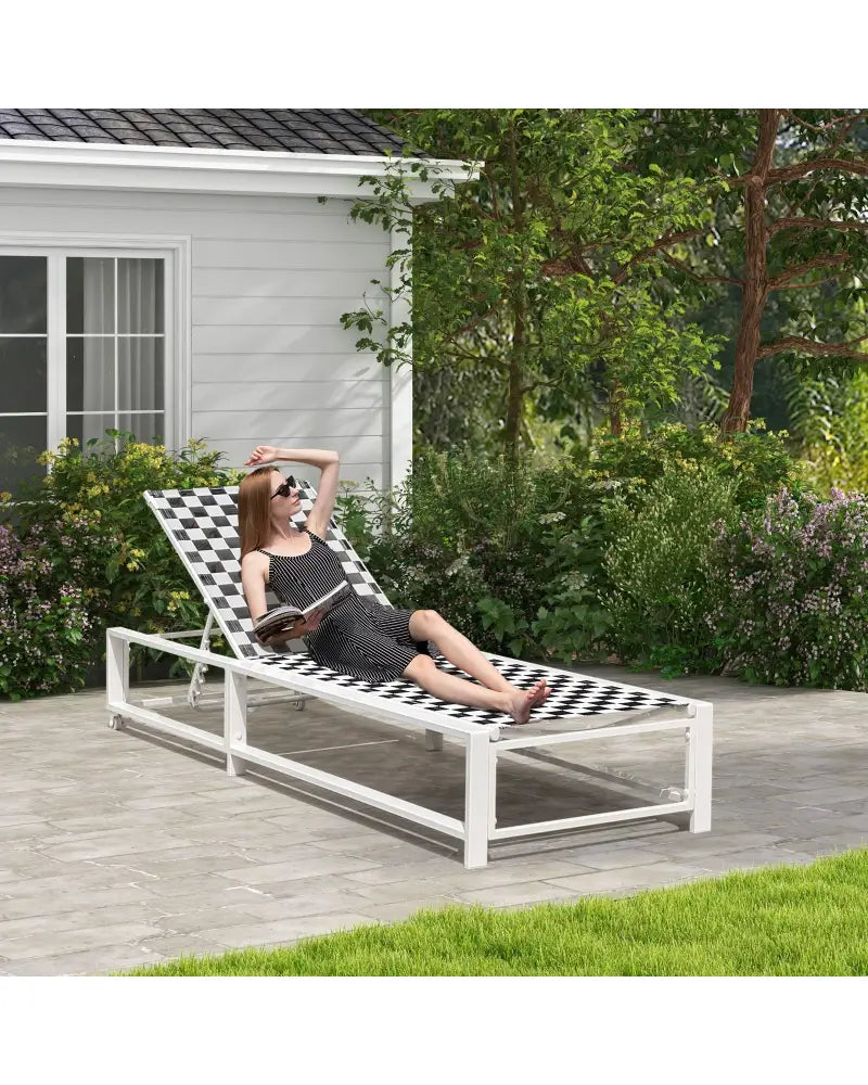 Outdoor Adjustable Patio Chaise Lounge Chair with Wheels and Sturdy Metal Frame - Black & White - Outdoor Chaise Lounges